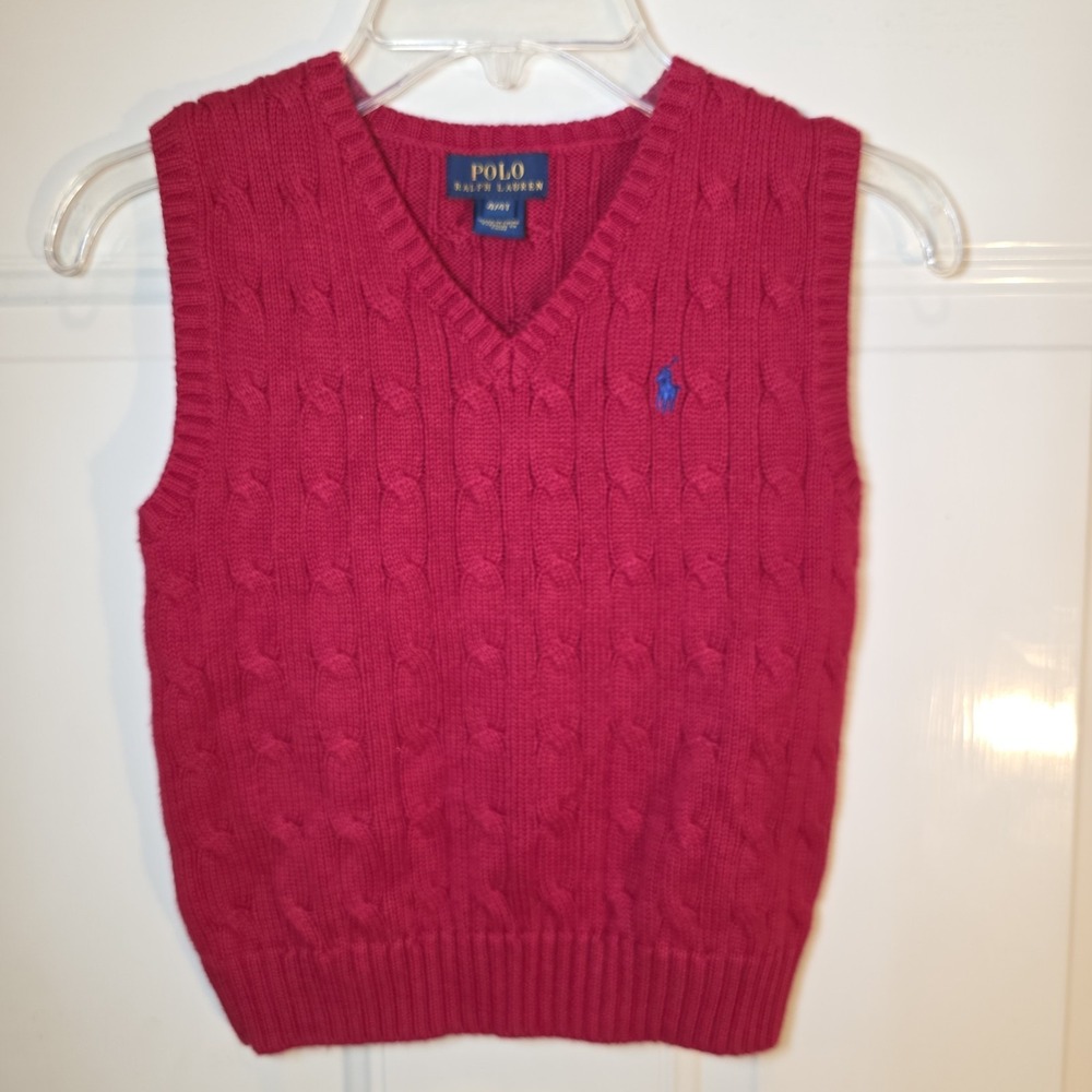 POLO By Ralph Lauren Size 4 Toddler Boys Red Sweater Vest Cotton & Blue Pony